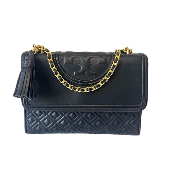 Tory Burch Handbags - Tory Burch Fleming Quilted Leather Convertible Shoulder Bag Black Gold Tone
